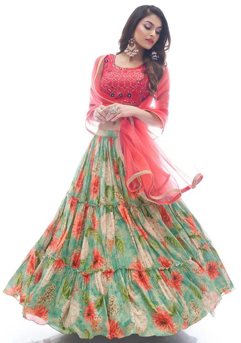 Multicolour Digital Print Chinon Lehenga Set