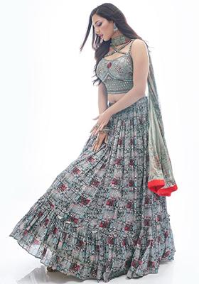 Grey Digital Print Chinon Lehenga Set