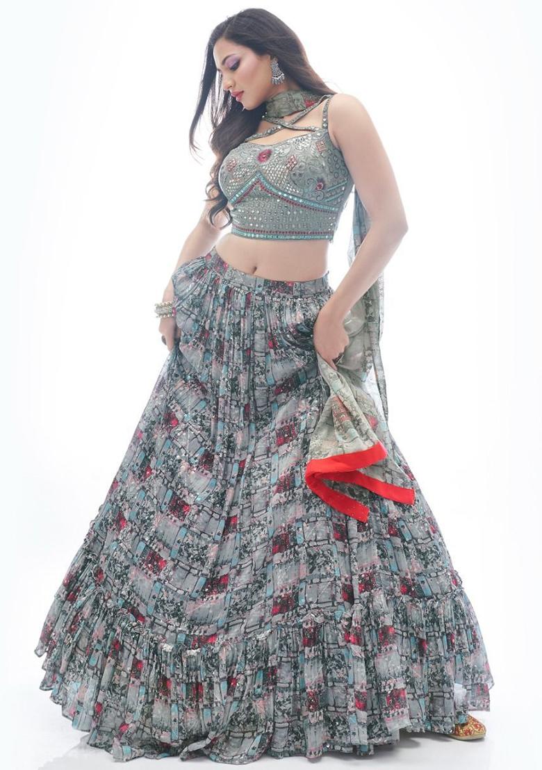 Grey Digital Print Chinon Lehenga Set