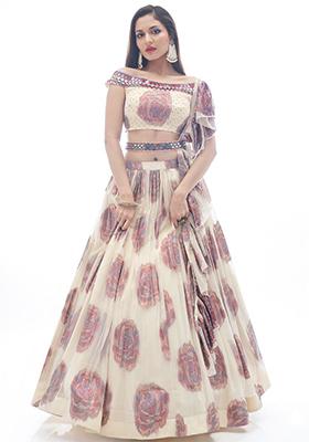 Off White Zari Weaving Jacquard Lehenga Set