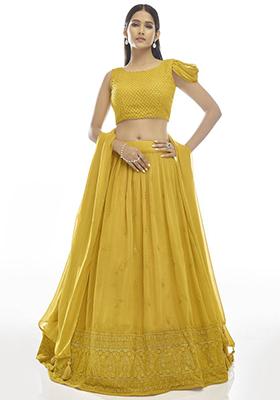 Yellow Embroidered Georgette Lehenga Set
