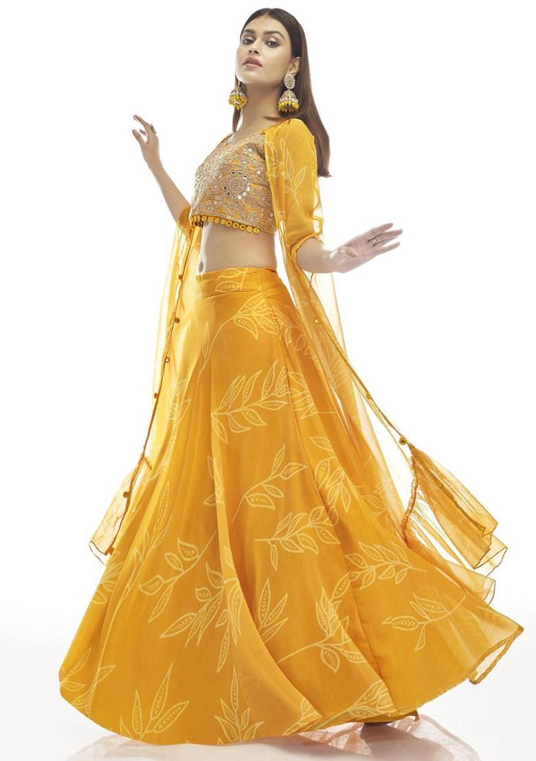 Yellow Digital Print Organza Lehenga Set
