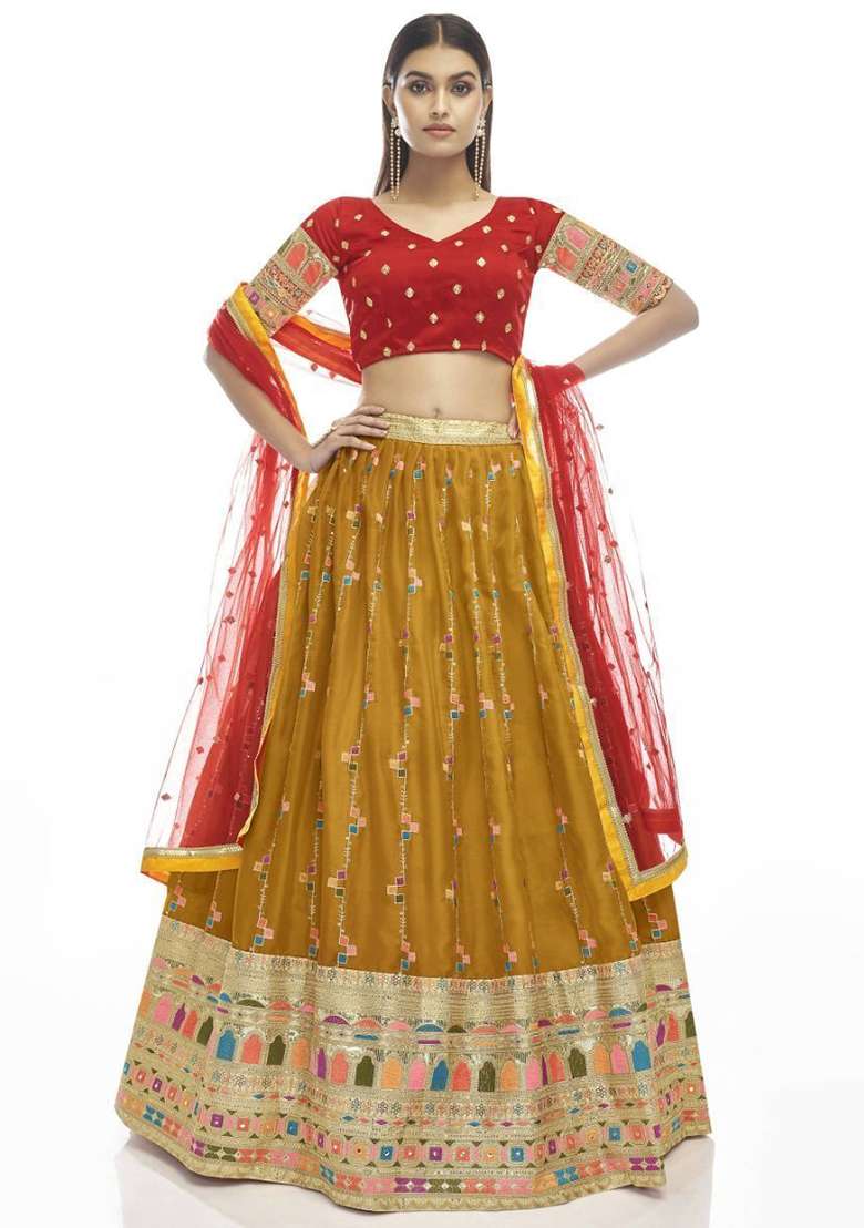 Yellow Georgette Lehenga Set with Embroidered for Diwali | Wedding & Festive Wear - Indya
