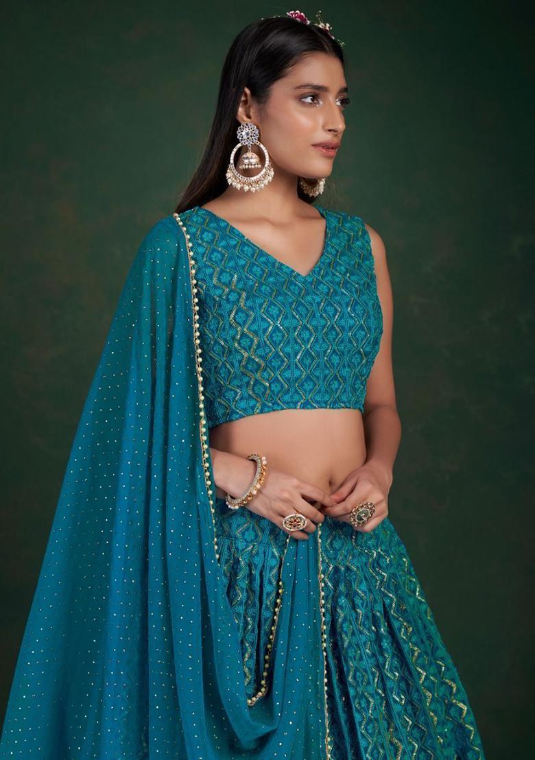 Blue Sequin Embroidered Georgette Lehenga Set