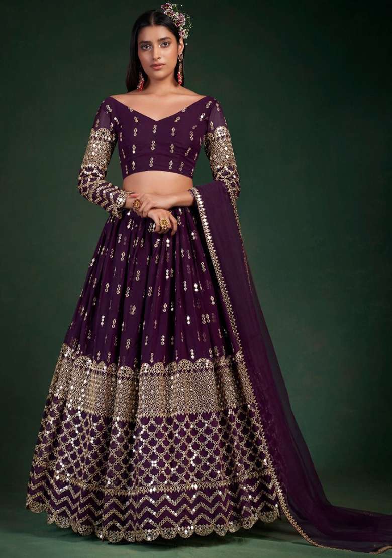 Purple Georgette Lehenga Set with Zari Work for Diwali | Wedding & Festive Wear - Indya