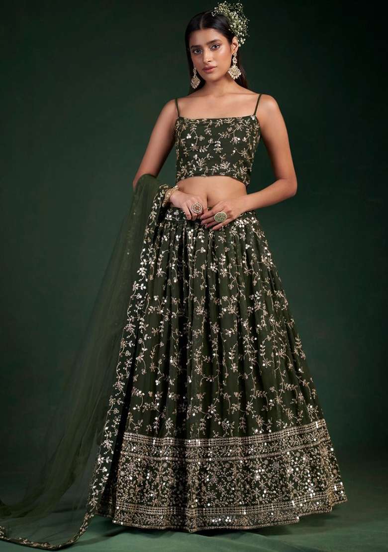 Green Embroidered Georgette Lehenga Set for Diwali and Festive Wear - Indya