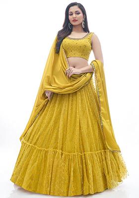 Yellow Embroidered Net Lehenga Set