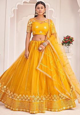 Yellow Embroidered Net Lehenga Set