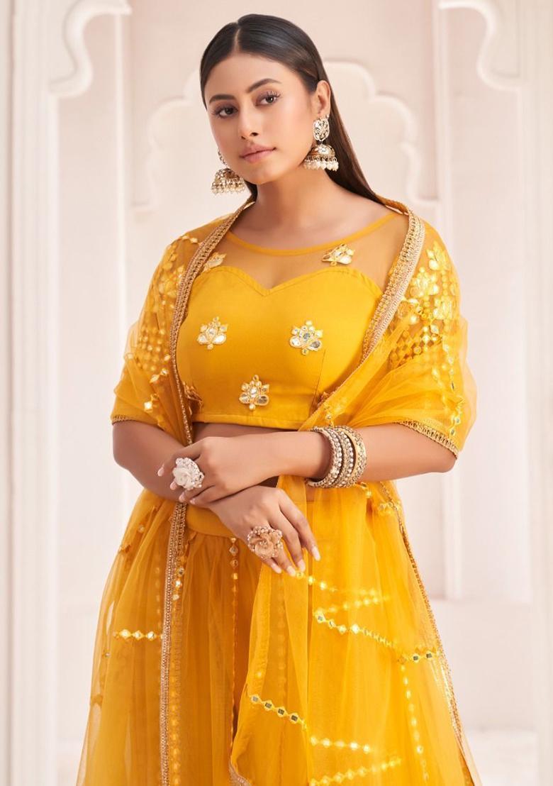 Yellow Embroidered Net Lehenga Set