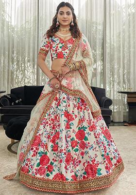 Off White Floral Print Art Silk Lehenga Set