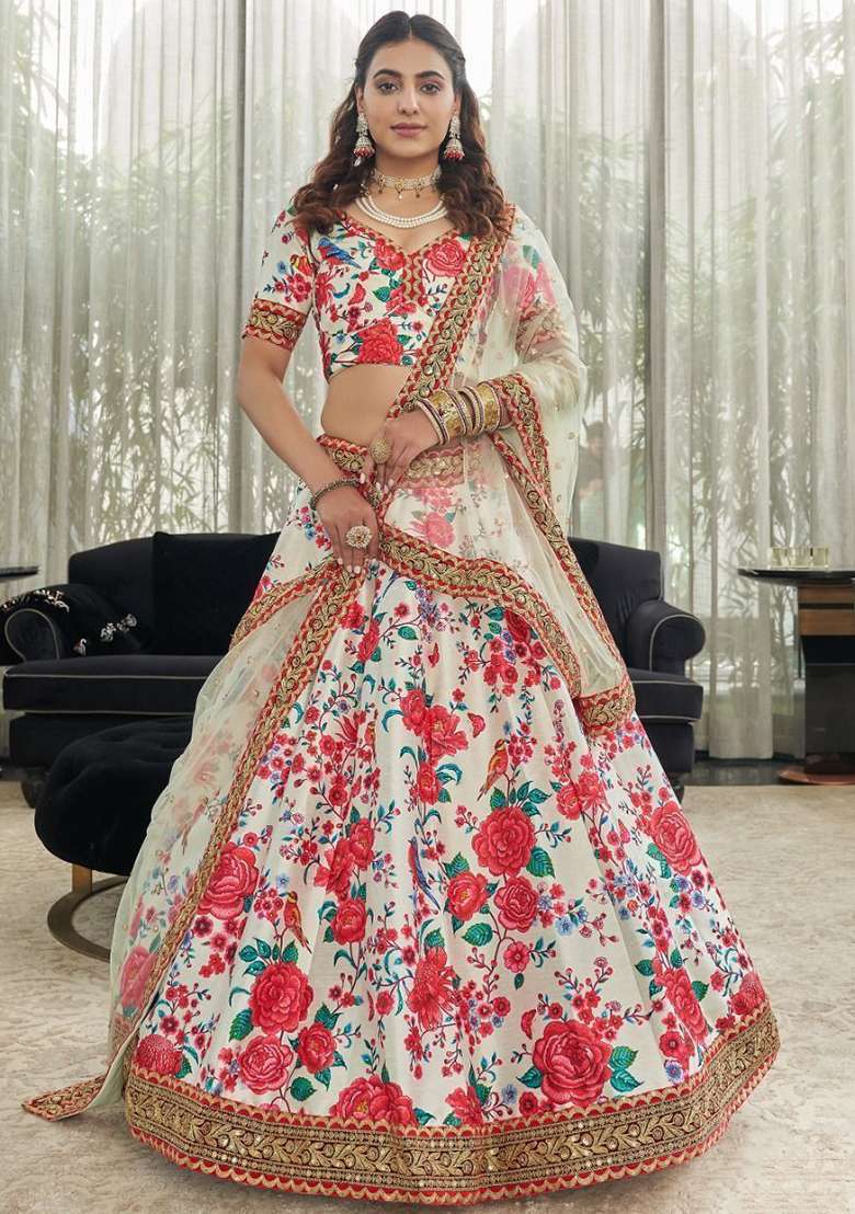 Off White Blend Art Silk Lehenga Set with Floral Print for Diwali | Wedding & Festive Wear - Indya