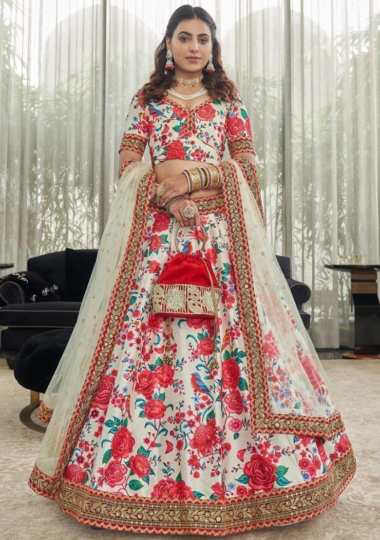 Off White Floral Print Art Silk Lehenga Set