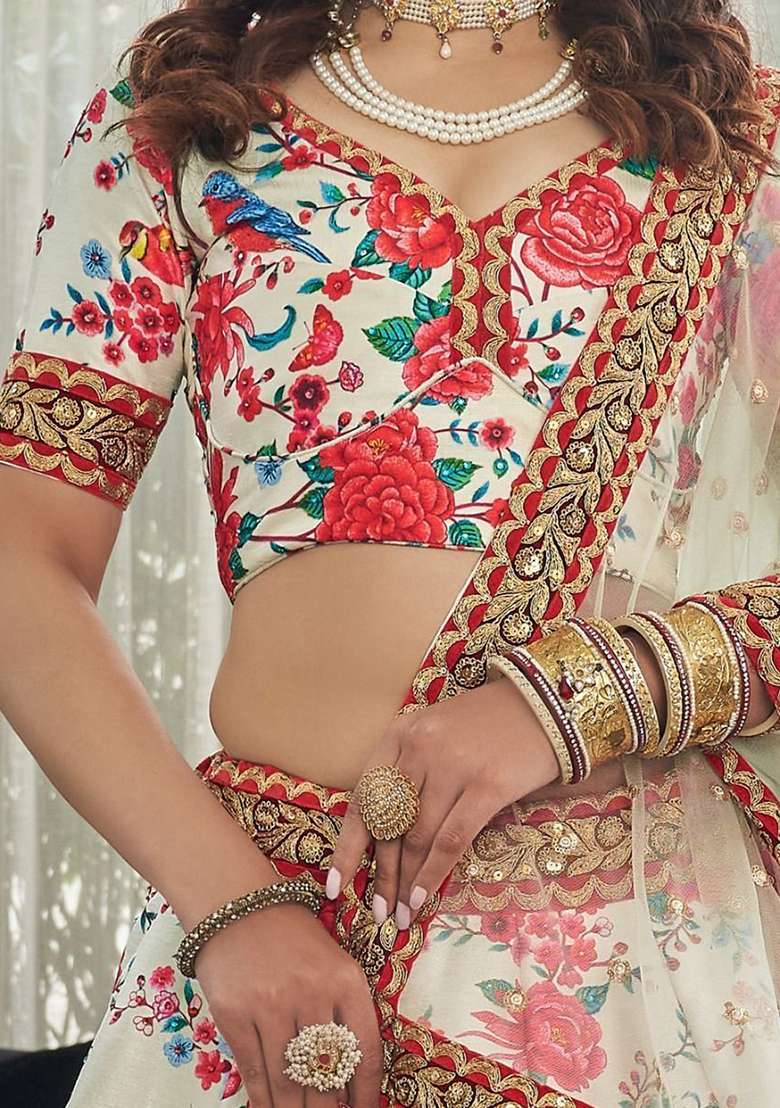 Off White Blend Art Silk Lehenga Set with Floral Print for Diwali | Wedding & Festive Wear - Indya