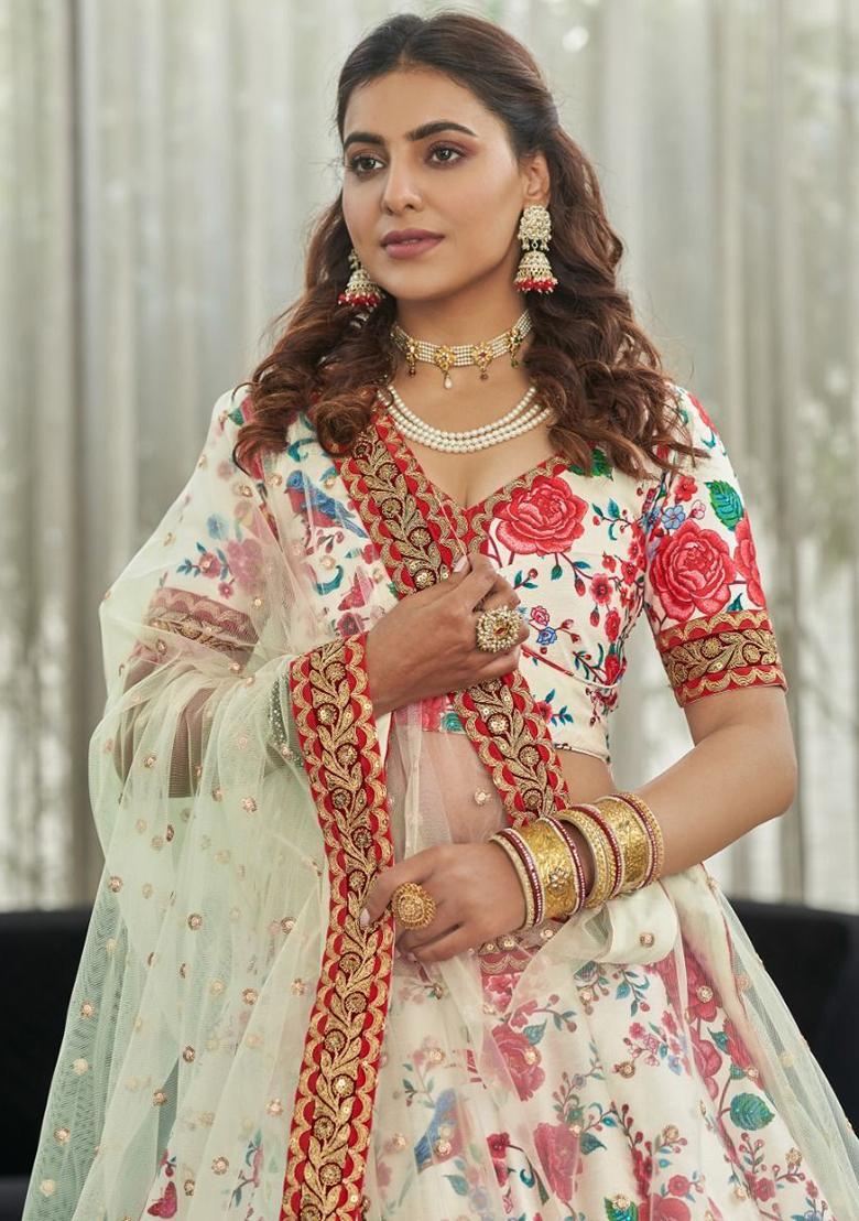 Off White Floral Print Art Silk Lehenga Set