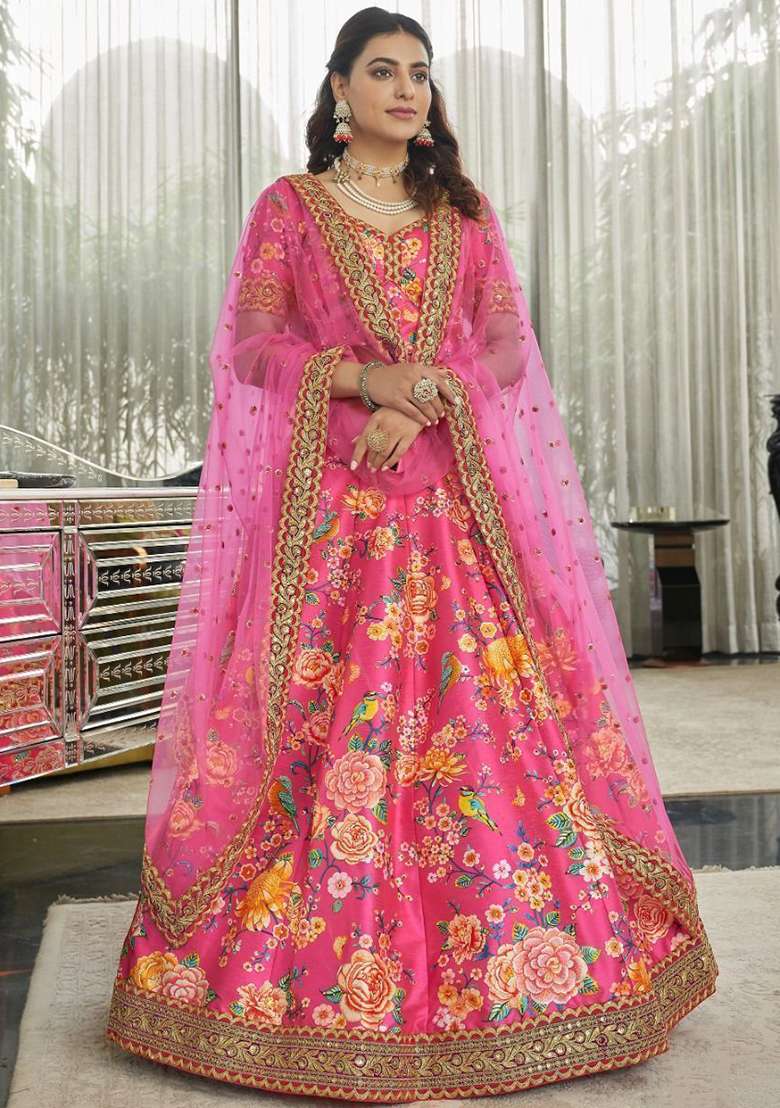 Pink Floral Print Art Silk Blend Lehenga Set for Diwali and Festive Wear - Indya