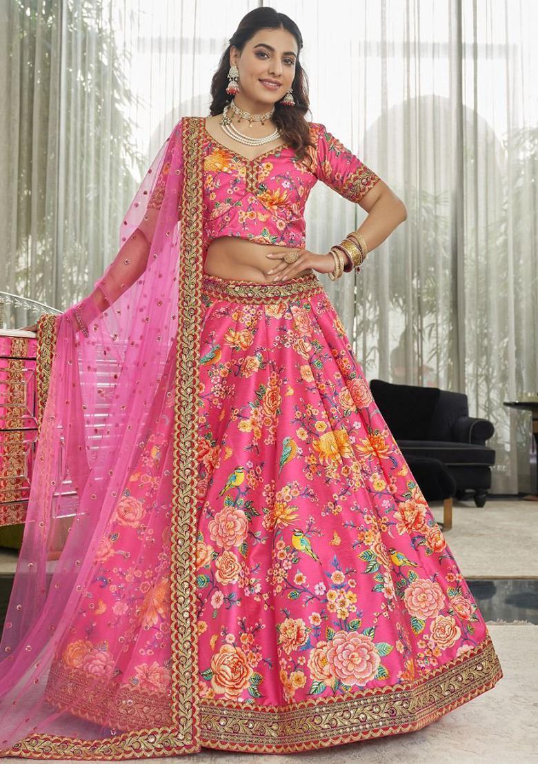 Pink Floral Print Art Silk Lehenga Set