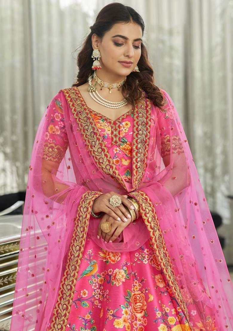Pink Floral Print Art Silk Blend Lehenga Set for Diwali and Festive Wear - Indya