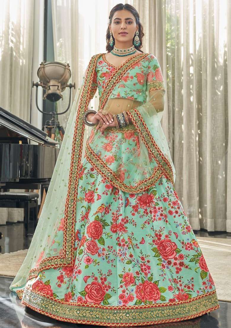 Green Blend Art Silk Lehenga Set with Floral Print for Diwali | Wedding & Festive Wear - Indya