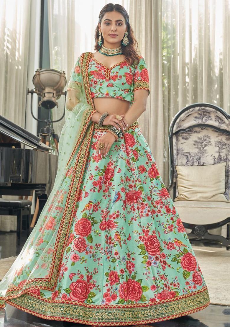 Green Floral Print Art Silk Lehenga Set