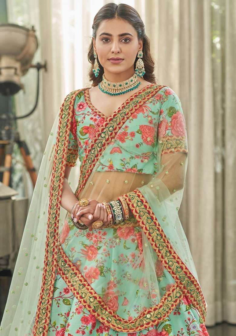 Green Blend Art Silk Lehenga Set with Floral Print for Diwali | Wedding & Festive Wear - Indya
