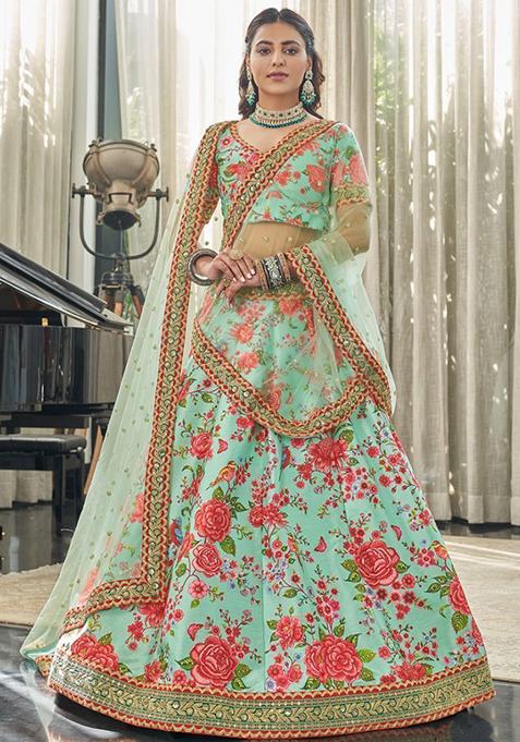 Green Floral Print Art Silk Lehenga Set