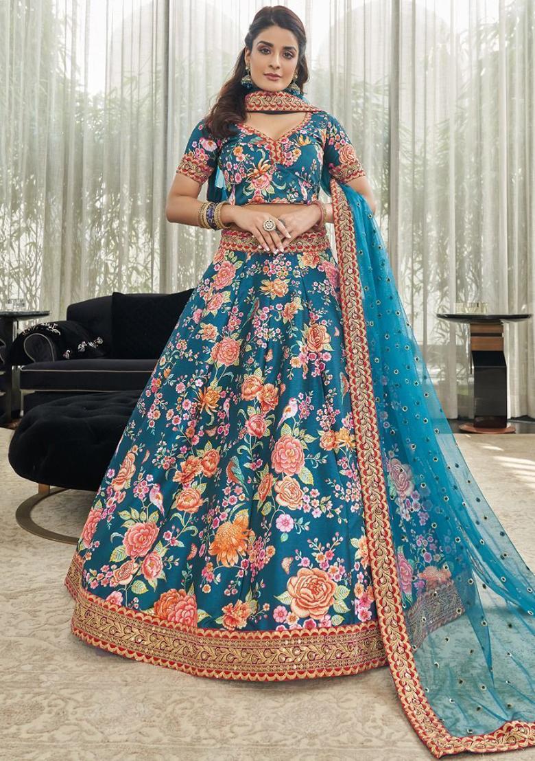 Blue Floral Print Art Silk Lehenga Set