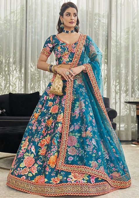 Blue Floral Print Art Silk Lehenga Set