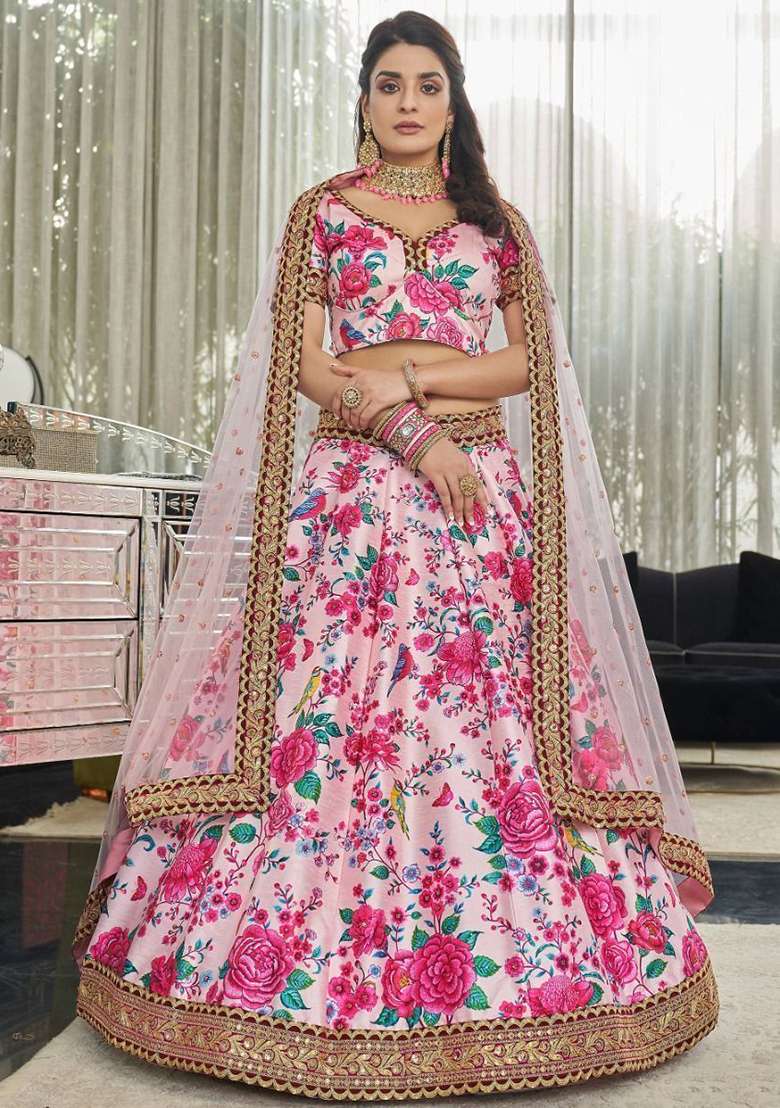 Pink Blend Art Silk Lehenga Set with Floral Print for Diwali | Wedding & Festive Wear - Indya