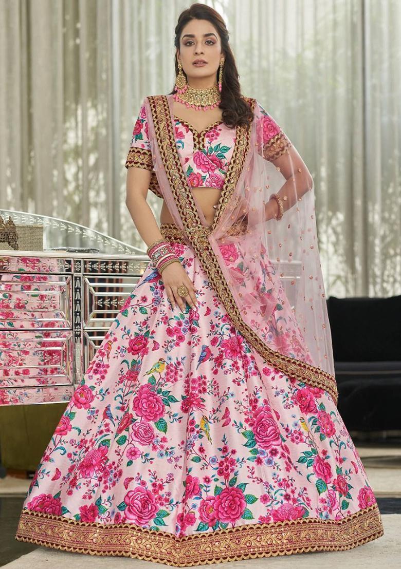 Pink Floral Print Art Silk Lehenga Set