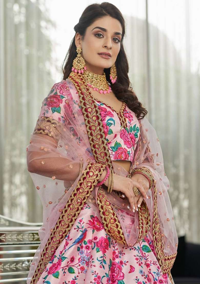 Pink Blend Art Silk Lehenga Set with Floral Print for Diwali | Wedding & Festive Wear - Indya