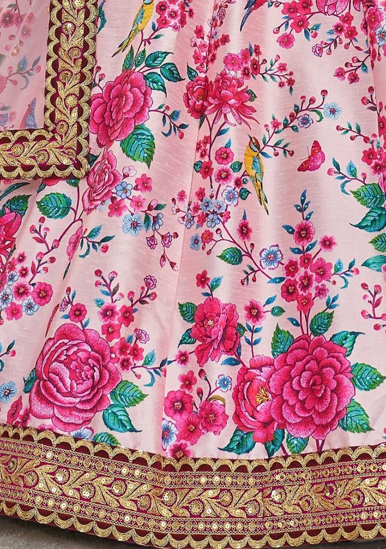 Pink Floral Print Art Silk Lehenga Set