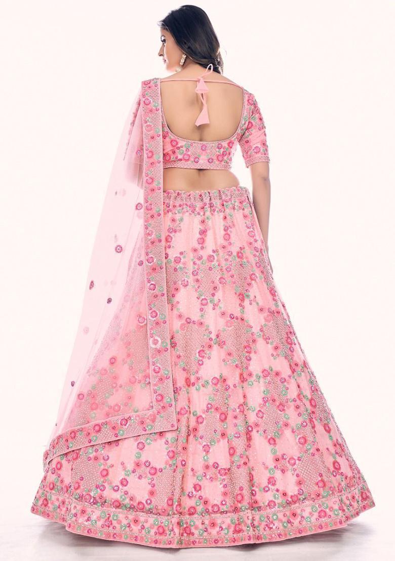 Pink Embroidered Net Lehenga Set