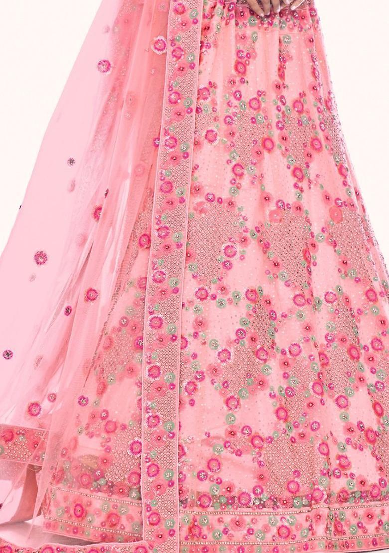 Pink Embroidered Net Lehenga Set