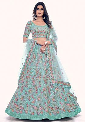 Green Embroidered Net Lehenga Set