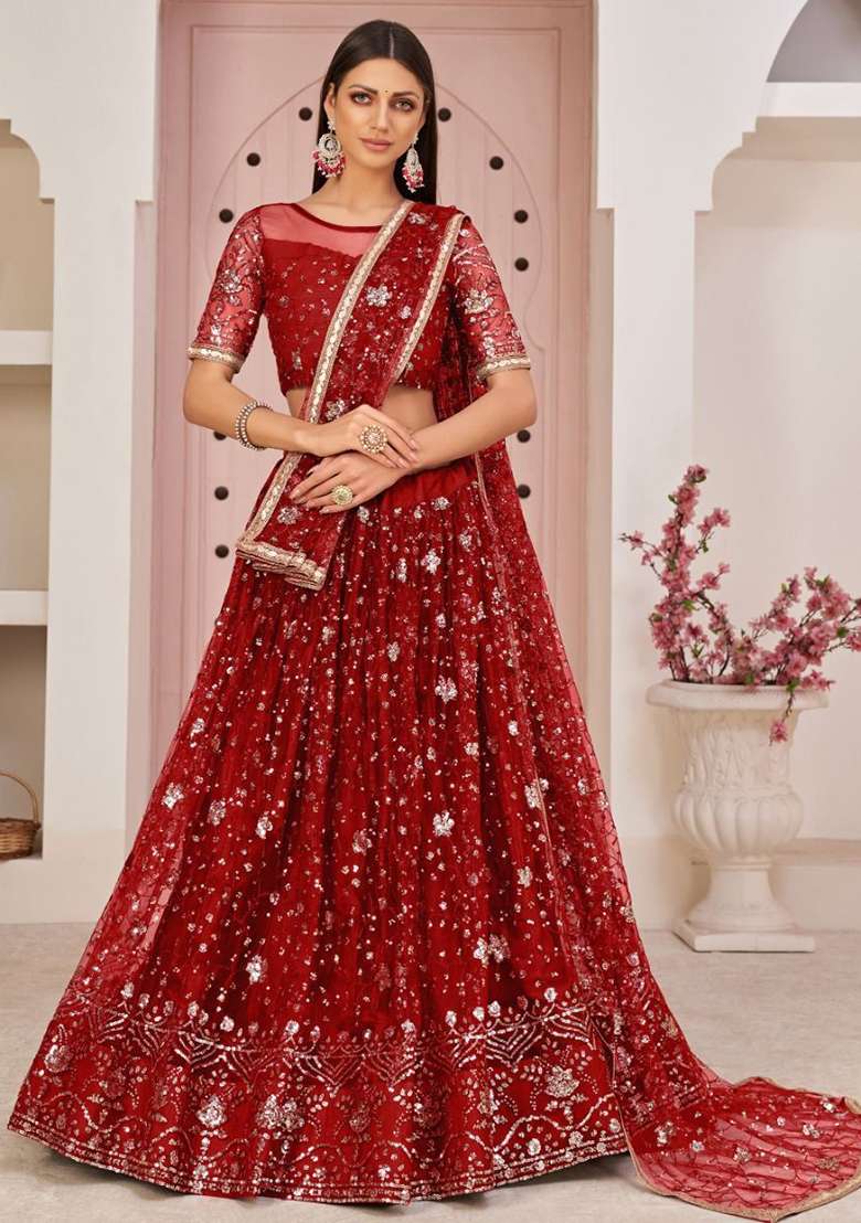 Red Net Lehenga Set with Embroidered for Diwali | Wedding & Festive Wear - Indya