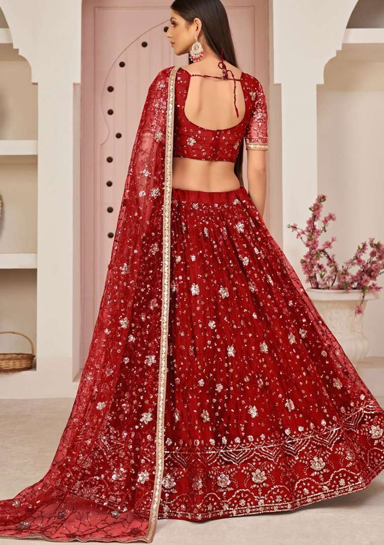 Red Net Lehenga Set with Embroidered for Diwali | Wedding & Festive Wear - Indya