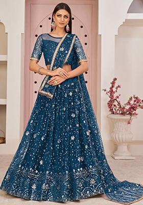 Blue Embroidered Net Lehenga Set