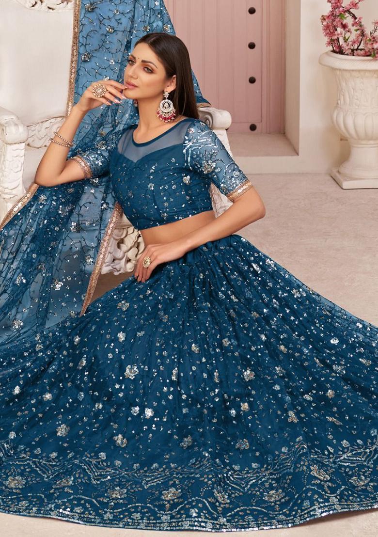 Blue Embroidered Net Lehenga Set