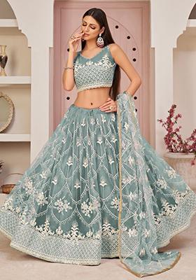 Blue Embroidered Net Lehenga Set