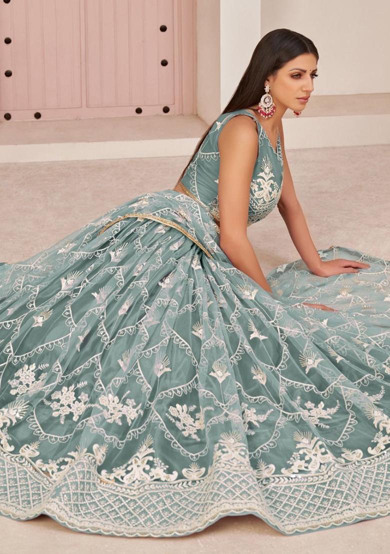 Blue Embroidered Net Lehenga Set