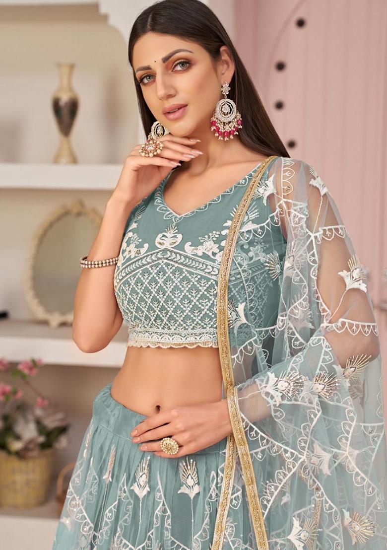 Blue Embroidered Net Lehenga Set