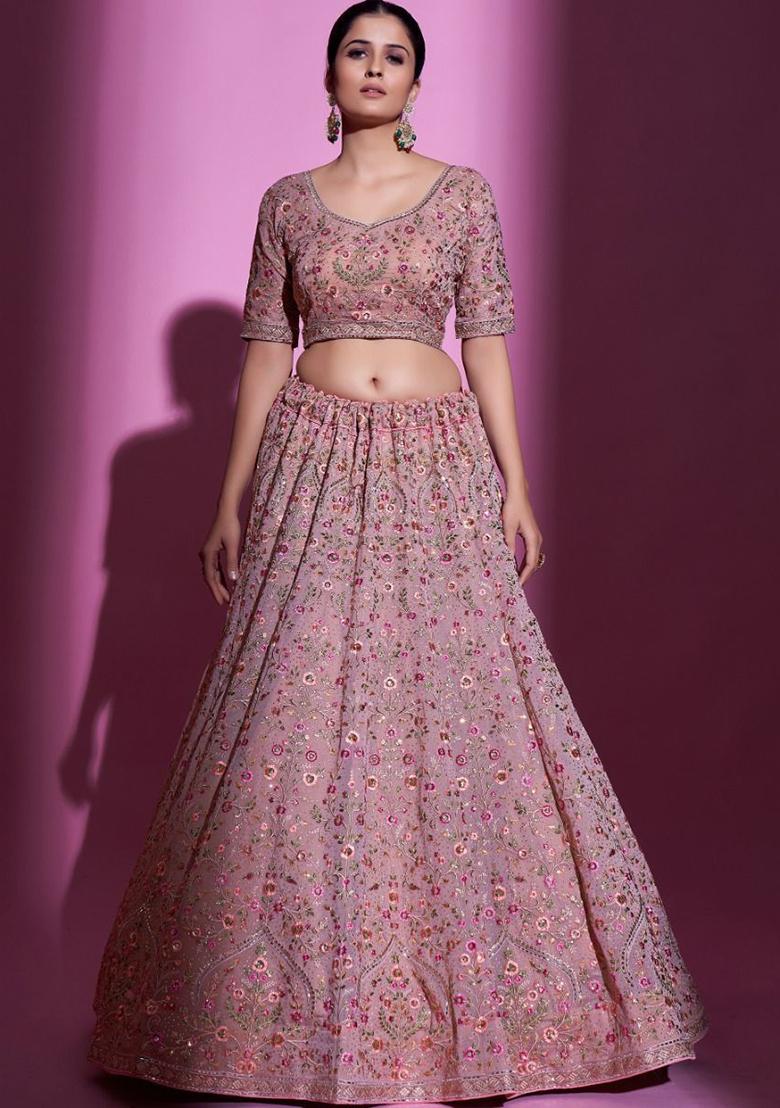 Peach Embroidered Georgette Lehenga Set