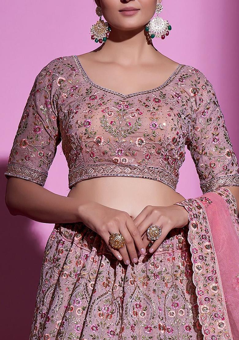 Peach Embroidered Georgette Lehenga Set