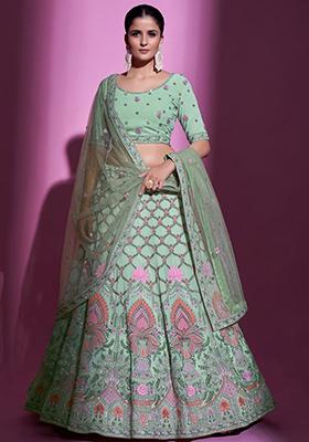 Green Embroidered Georgette Lehenga Set