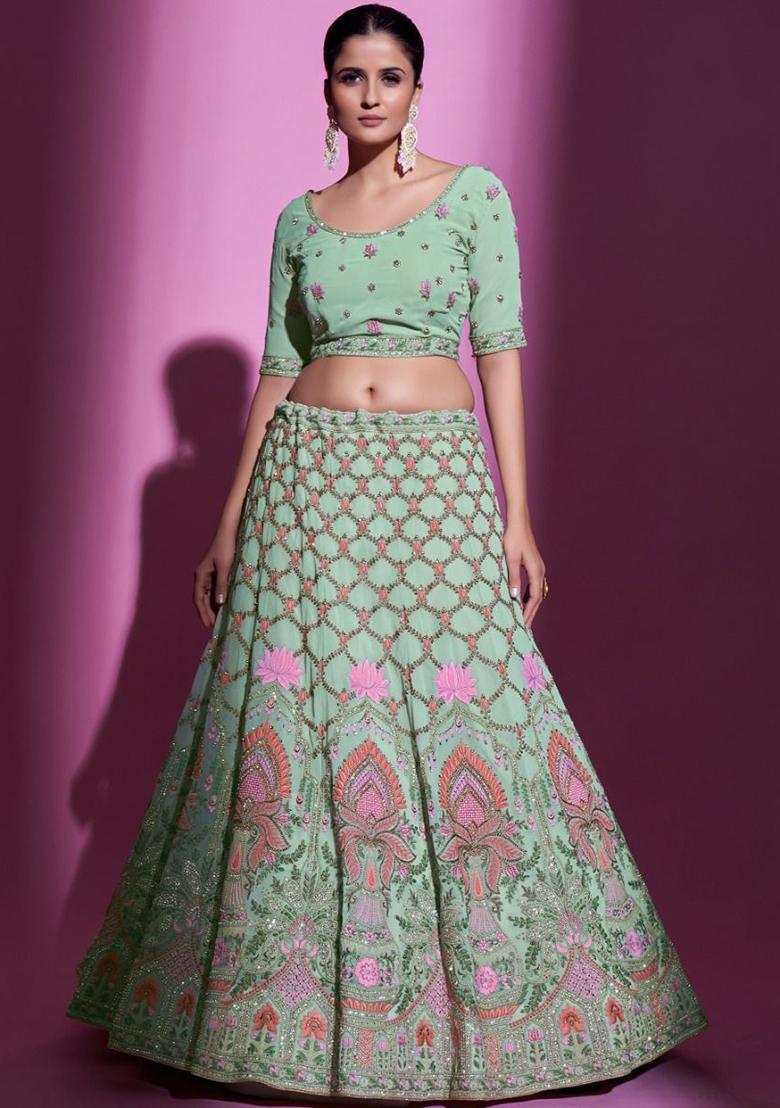 Green Embroidered Georgette Lehenga Set