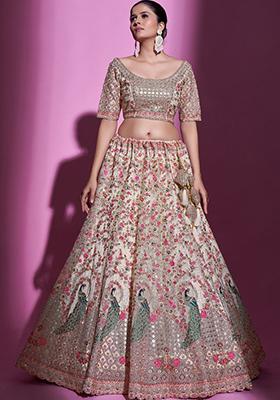 Cream Embroidered Net Lehenga Set