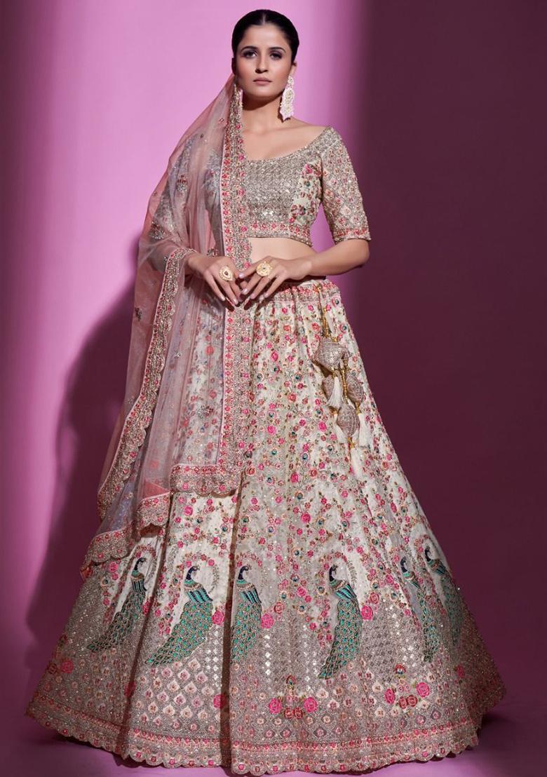 Cream Embroidered Net Lehenga Set