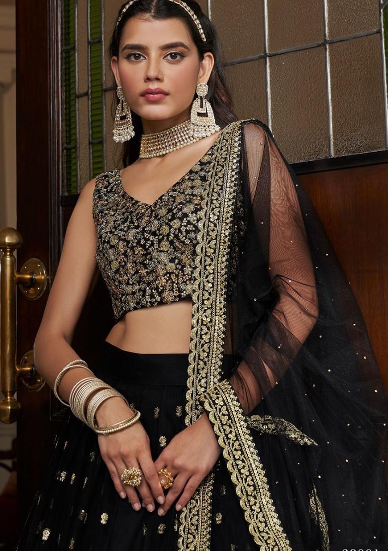 Black Embroidered Net Lehenga Set