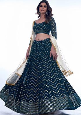 Blue Embroidered Georgette Lehenga Set