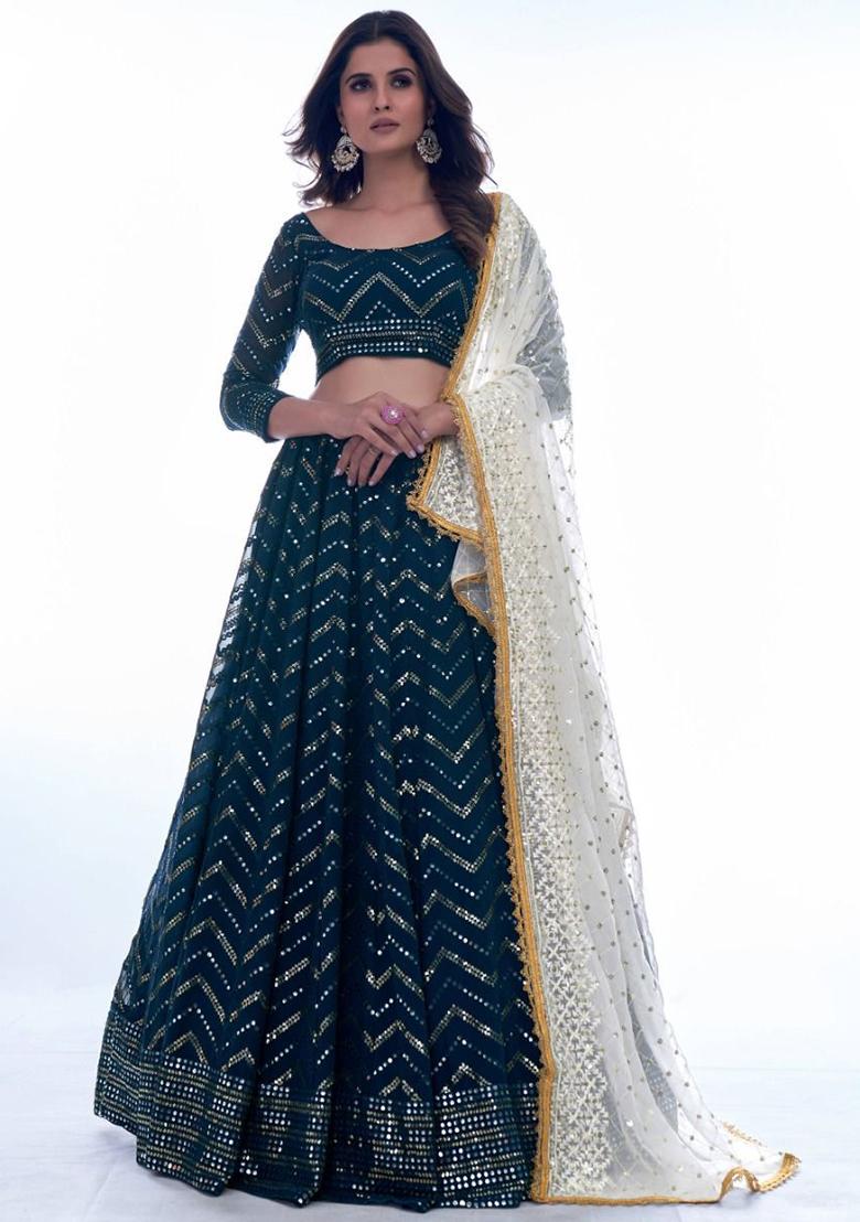 Blue Embroidered Georgette Lehenga Set